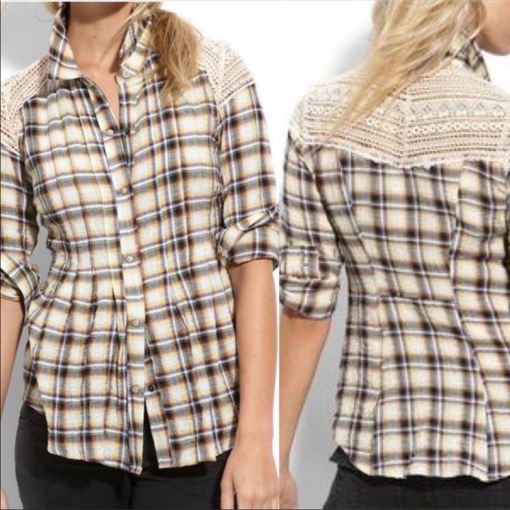 Free People Plaid Crochet Shirt